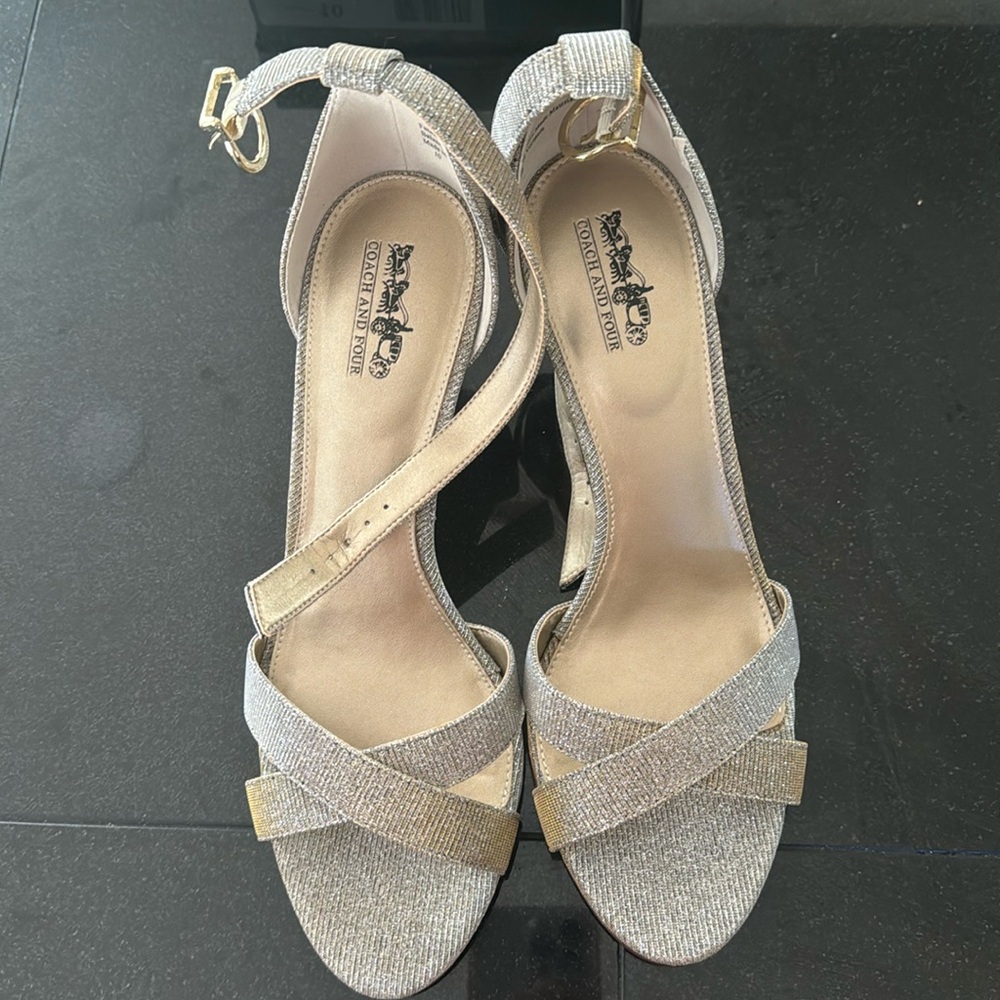 Gold fabric open toe heels